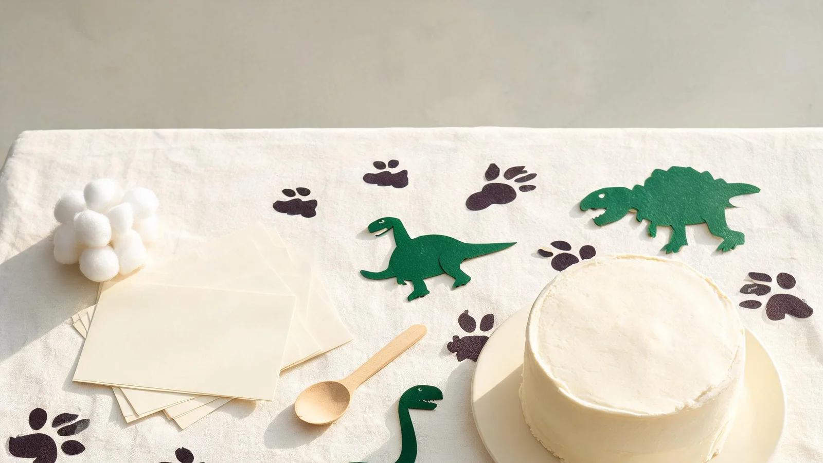 Cream table with green paper dinosaur cut-outs, blank cards, cotton balls, a wooden spoon, a plain cake, and dark paper paw prints. Illustrative image.