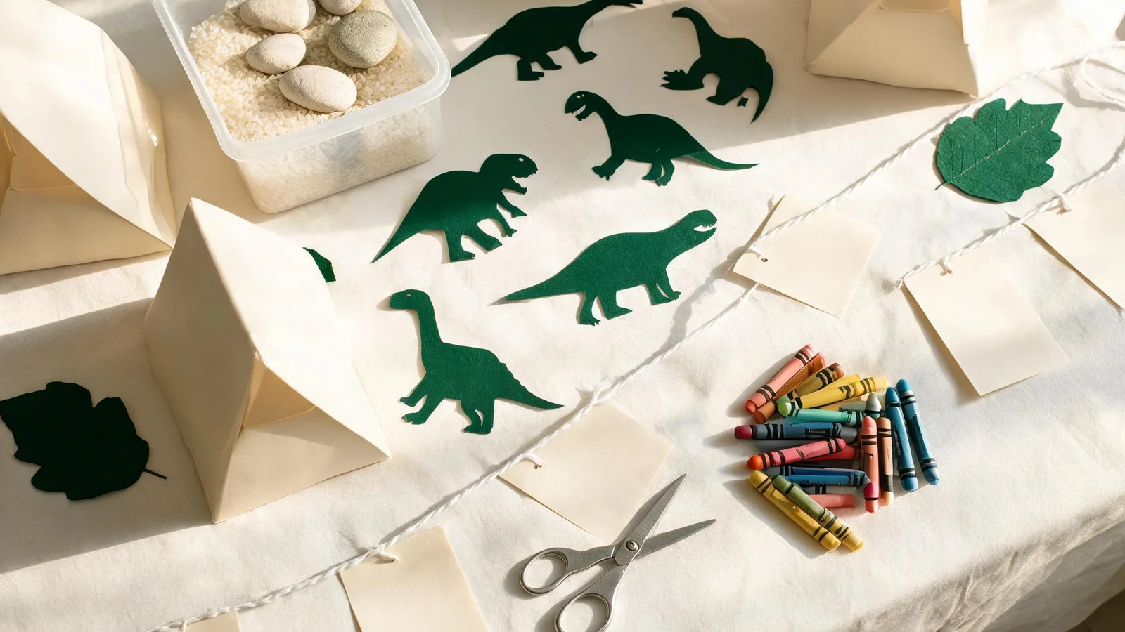 Green paper dinosaur cut-outs, blank cream food tents, a rice bin with stones, paper leaves, blank flags, scissors, and crayons on a cream table. Illustrative image.