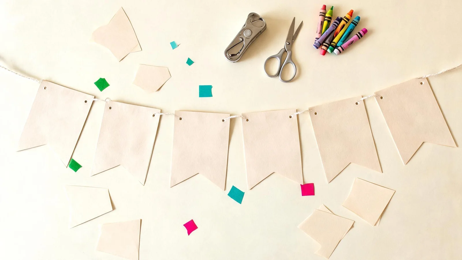 Blank cream pennant flags on string, a hole punch, scissors, and crayons on a cream table. Illustrative image.