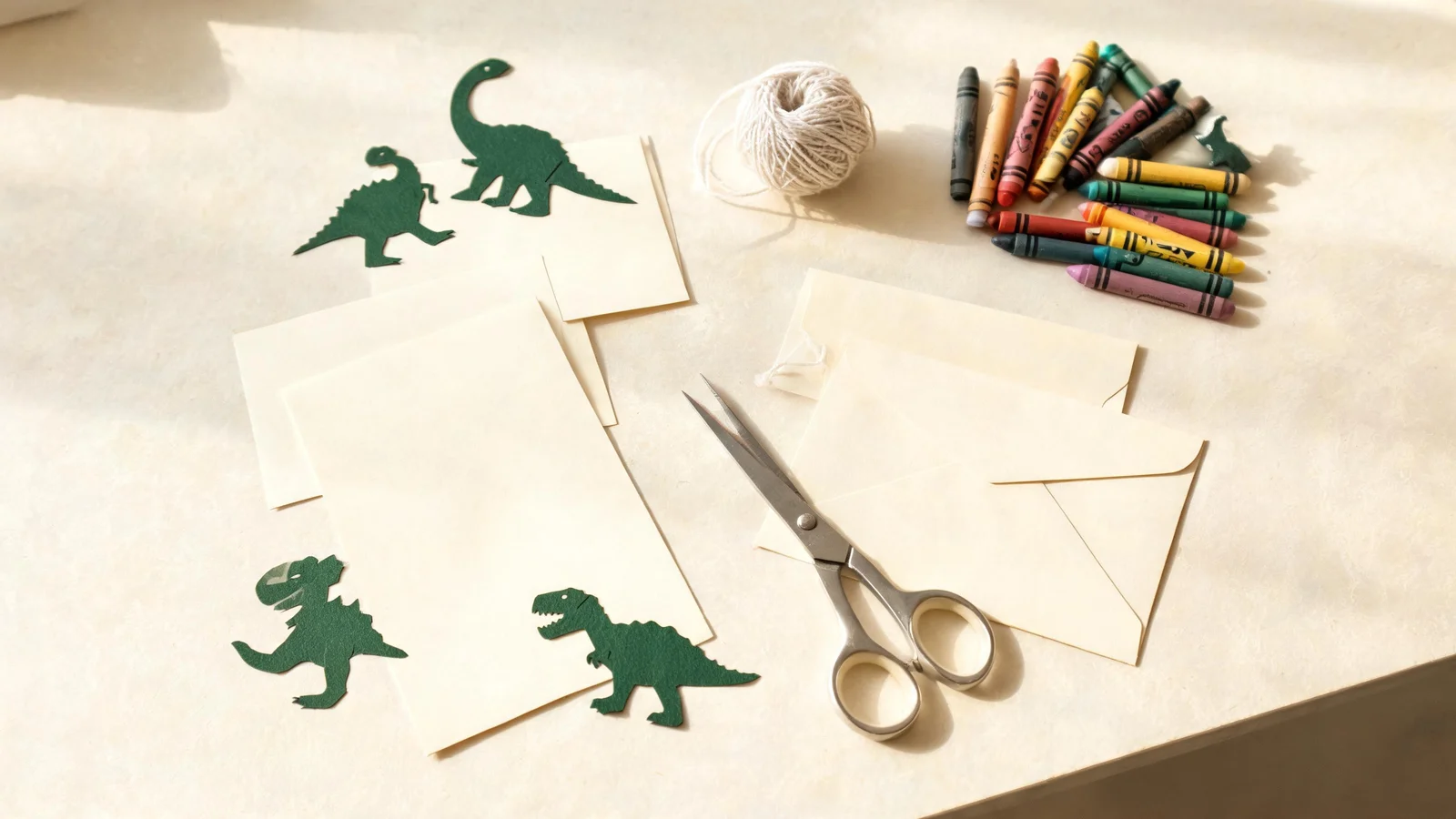 Cream cardstock rectangles, green paper dinosaur cut-outs, scissors, crayons, string, and envelopes on a cream table. Illustrative image.