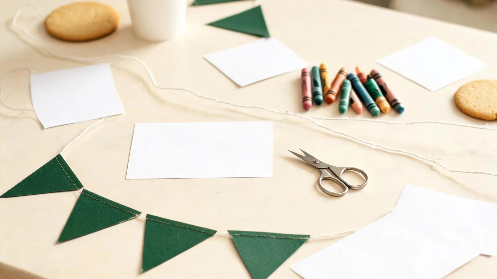 Green cardstock flags on white string, blank paper cards, crayons, scissors, a paper cup, and cookies on a cream table. Illustrative image.