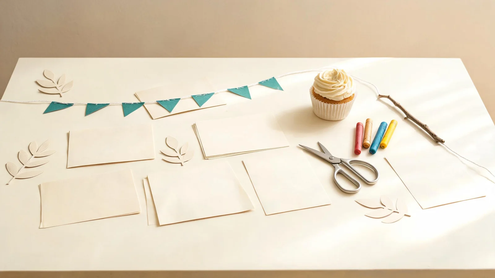 Blank cream cards, teal paper flags on string, paper leaf cut-outs, scissors, crayon sticks, a twig, and a cupcake on a cream table. Illustrative image.