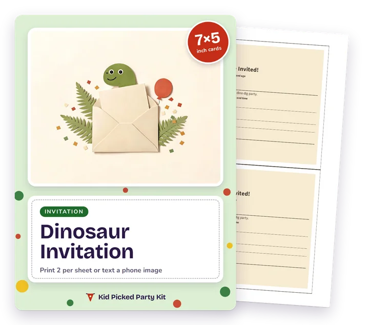 Dinosaur Birthday Invitation cover with a real page behind it