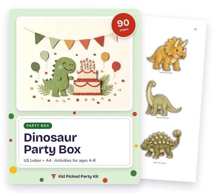 Dinosaur Birthday Party Box cover with a real page behind it