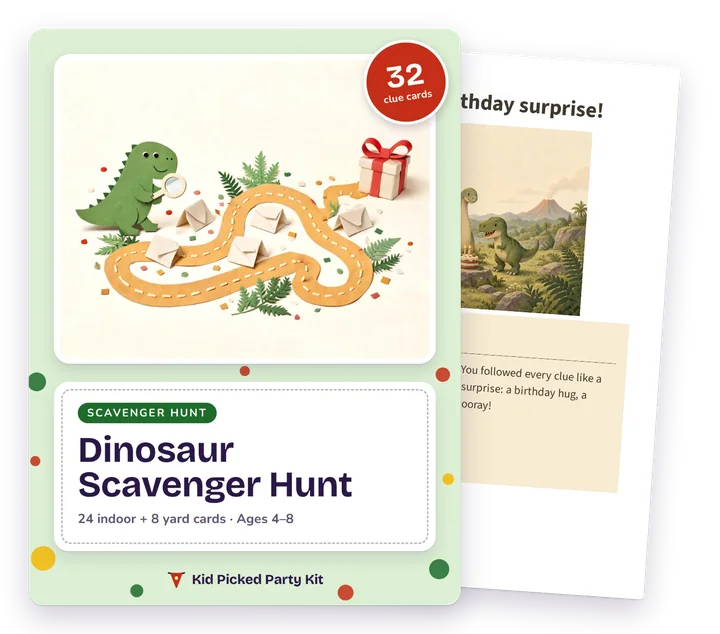 Dinosaur Birthday Scavenger Hunt cover with a real page behind it