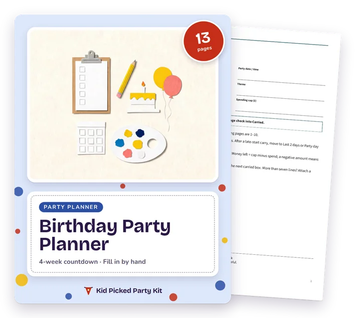 Kids' Birthday Party Planner cover with a real page behind it