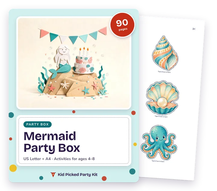 Mermaid Birthday Party Box cover with a real page behind it