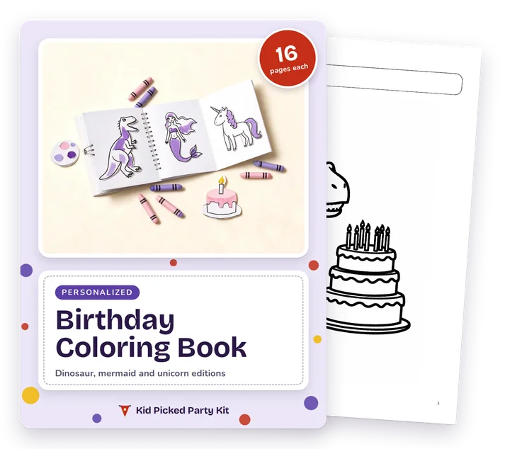Personalized Birthday Coloring Book cover with a real page behind it
