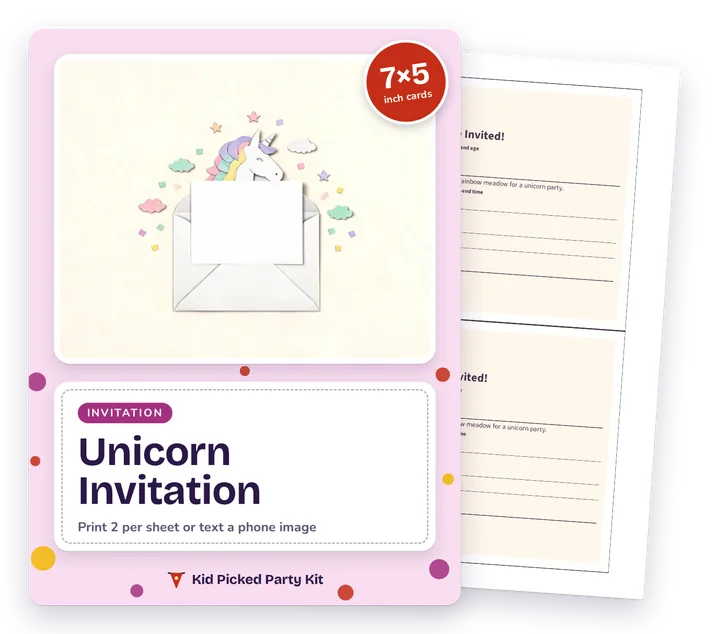 Unicorn Birthday Invitation cover with a real page behind it