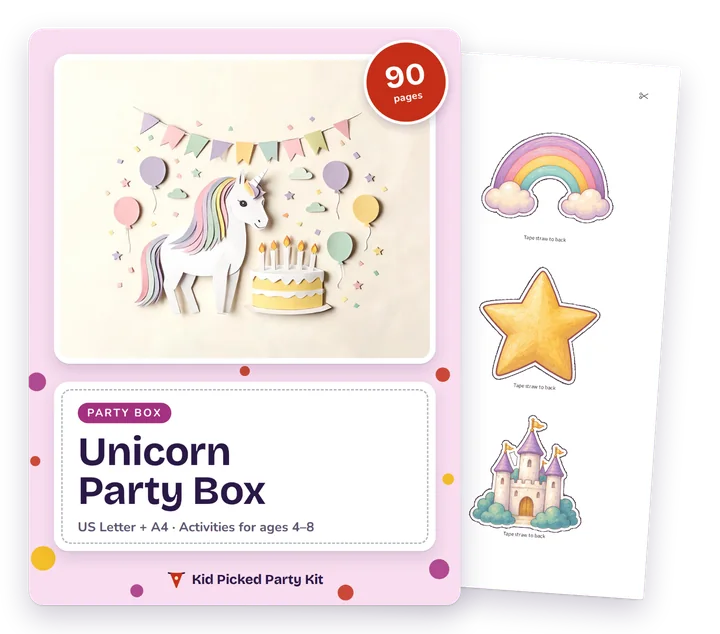 Unicorn Birthday Party Box cover with a real page behind it