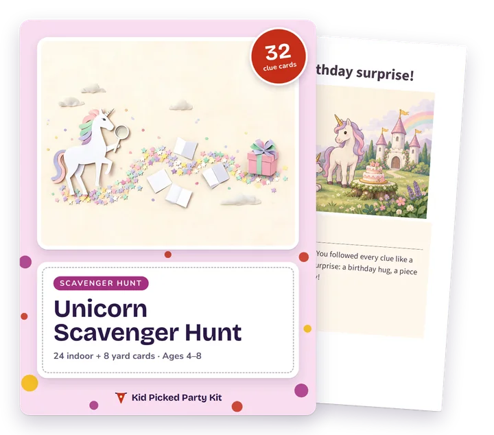 Unicorn Birthday Scavenger Hunt cover with a real page behind it