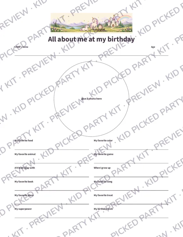 Birthday Milestone Poster: All about me at my birthday poster, unicorn theme