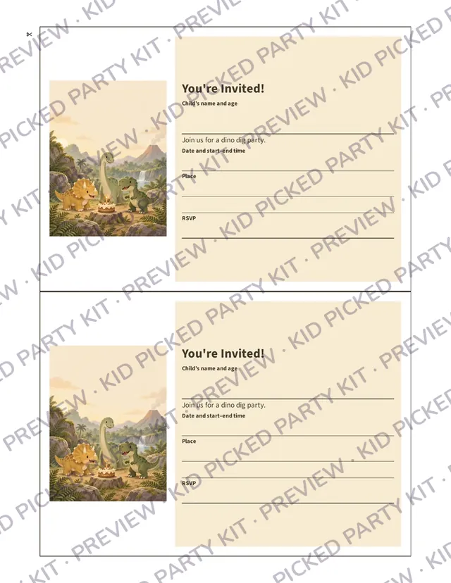 Dinosaur Birthday Invitation: Invitation front, two per sheet