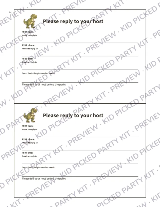 Dinosaur Birthday Invitation: Invitation back with reply lines, two per sheet