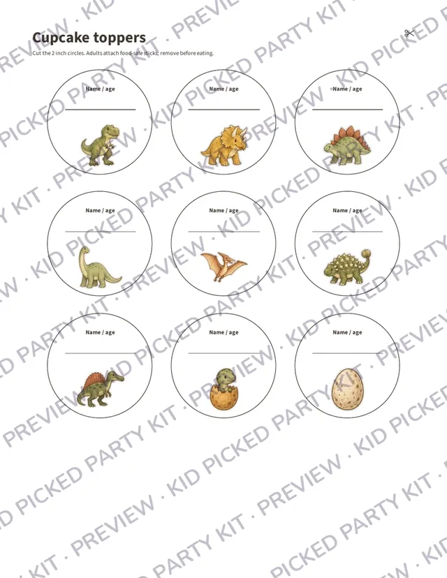 Dinosaur Birthday Party Box: Cupcake toppers with dinosaur artwork