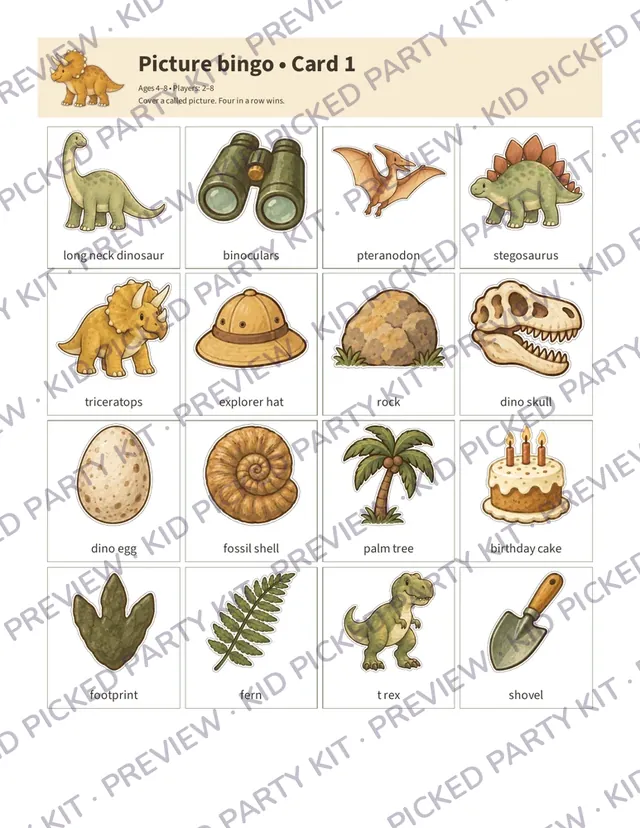 Dinosaur Birthday Party Box: Picture bingo card