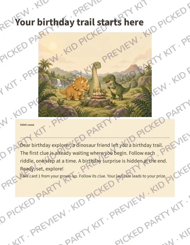Dinosaur Birthday Scavenger Hunt: Start letter, “Your birthday trail starts here”