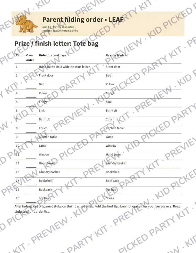 Dinosaur Birthday Scavenger Hunt: Parent hiding-order sheet