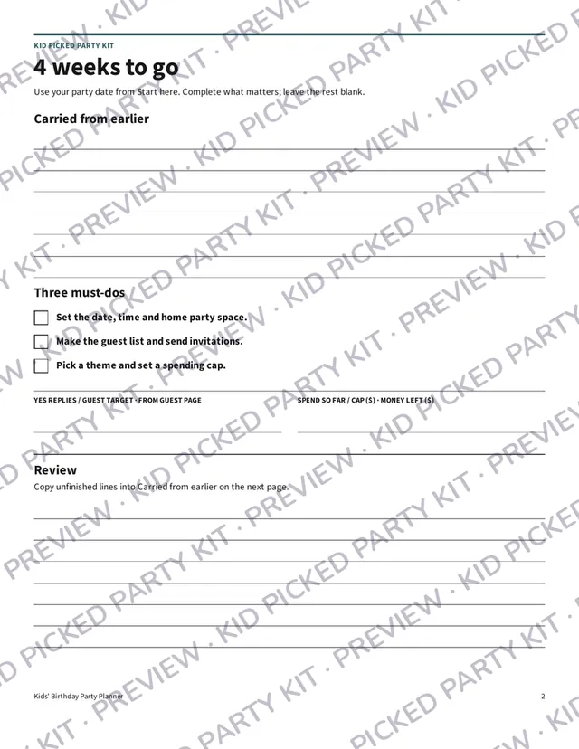 Kids' Birthday Party Planner: 4 weeks to go countdown page