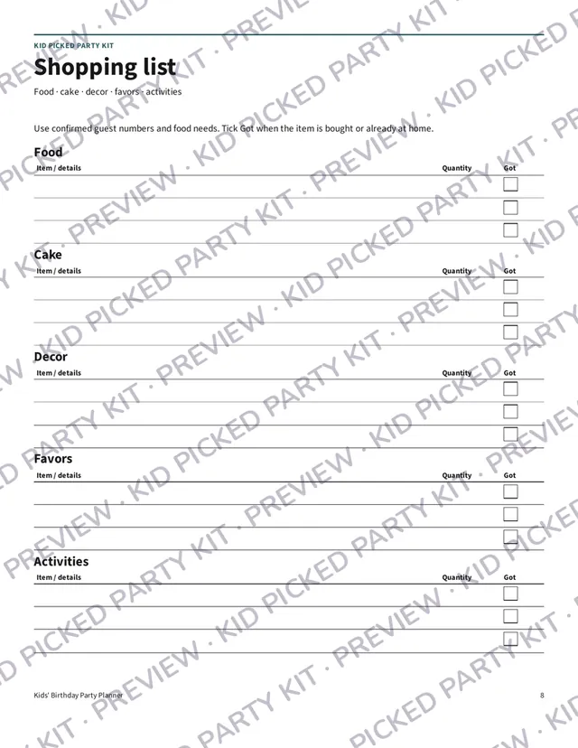 Kids' Birthday Party Planner: Shopping list
