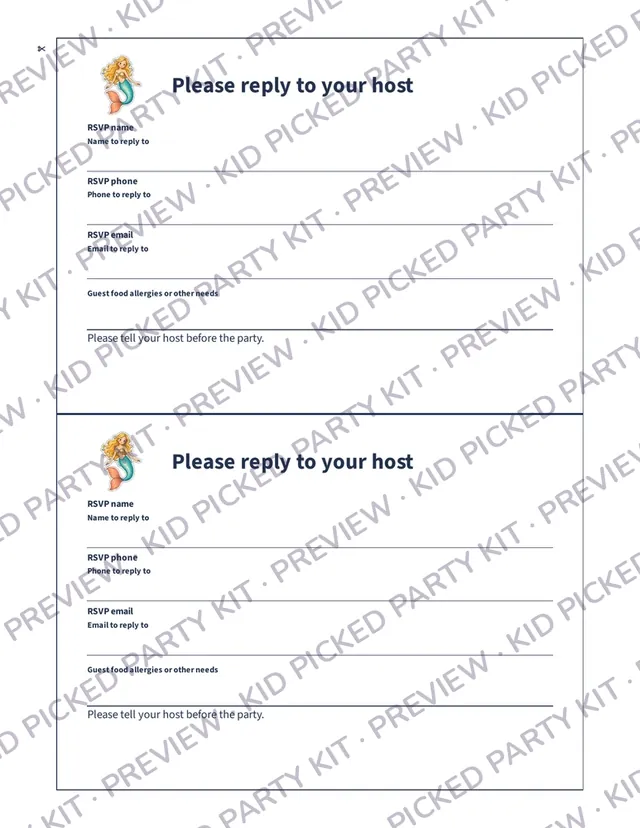 Mermaid Birthday Invitation: Invitation back with reply lines, two per sheet