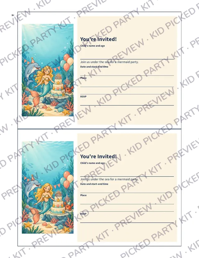 Mermaid Birthday Party Box: Invitation front, two per sheet
