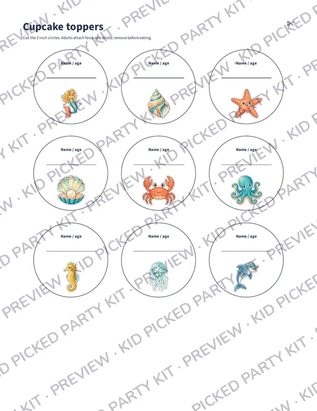 Mermaid Birthday Party Box: Cupcake toppers with mermaid artwork