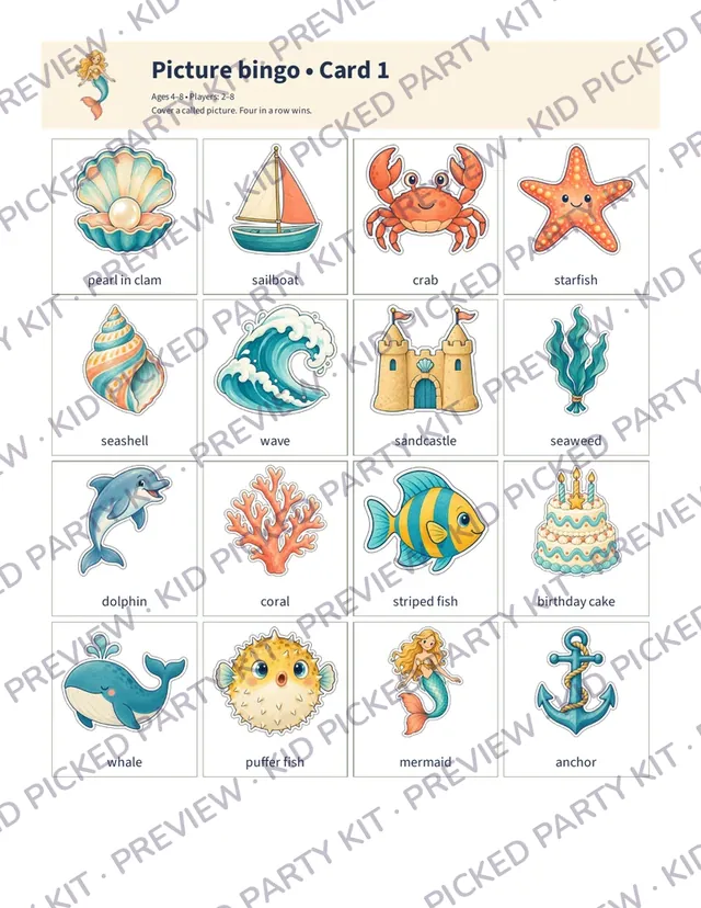 Mermaid Birthday Party Box: Picture bingo card