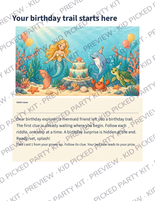 Mermaid Birthday Scavenger Hunt: Start letter, “Your birthday trail starts here”