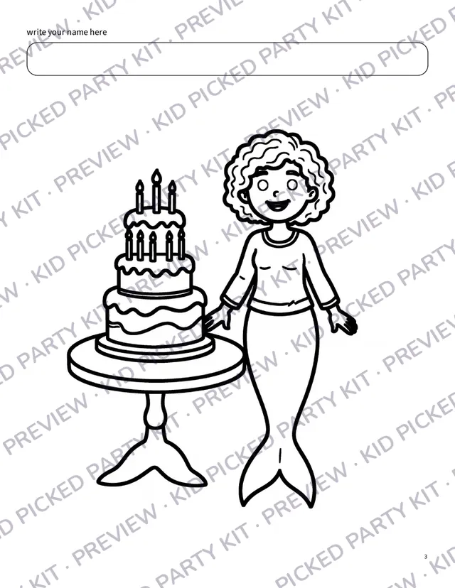 Personalized Birthday Coloring Book: Mermaid with birthday cake coloring page