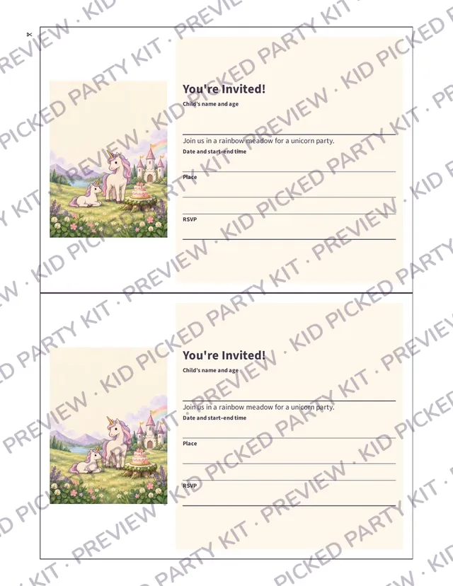 Unicorn Birthday Invitation: Invitation front, two per sheet