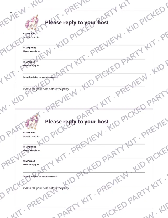 Unicorn Birthday Invitation: Invitation back with reply lines, two per sheet