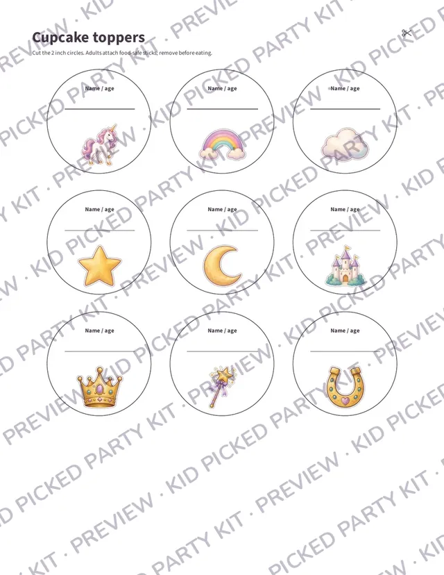 Unicorn Birthday Party Box: Cupcake toppers with unicorn artwork