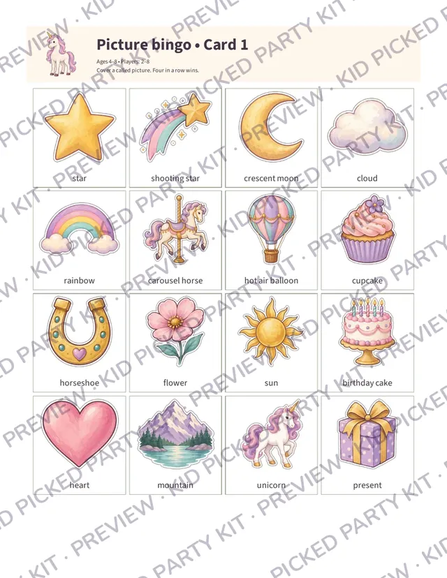Unicorn Birthday Party Box: Picture bingo card