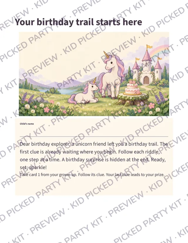 Unicorn Birthday Scavenger Hunt: Start letter, “Your birthday trail starts here”