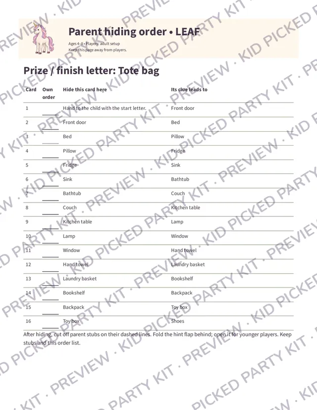 Unicorn Birthday Scavenger Hunt: Parent hiding-order sheet